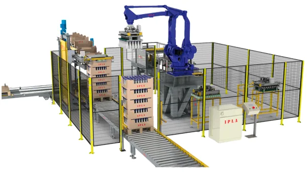 Vista 3D de una célula robotizada de final de línea