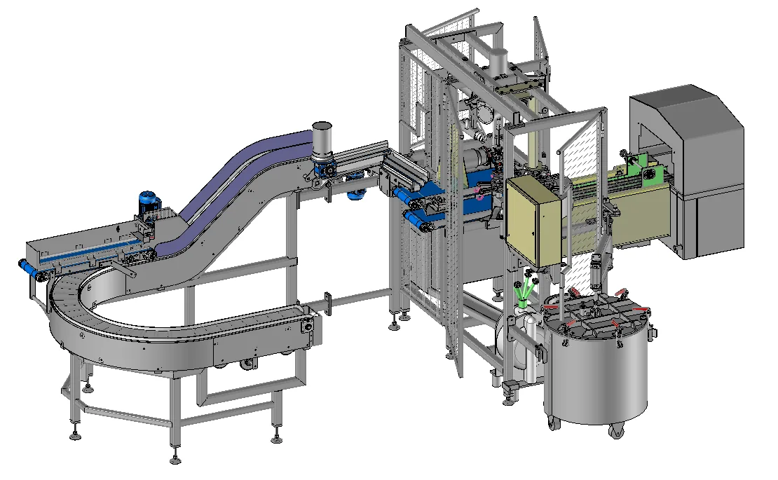 Vue 3D de la ligne automatisée d’enrobage de beignets de crevettes