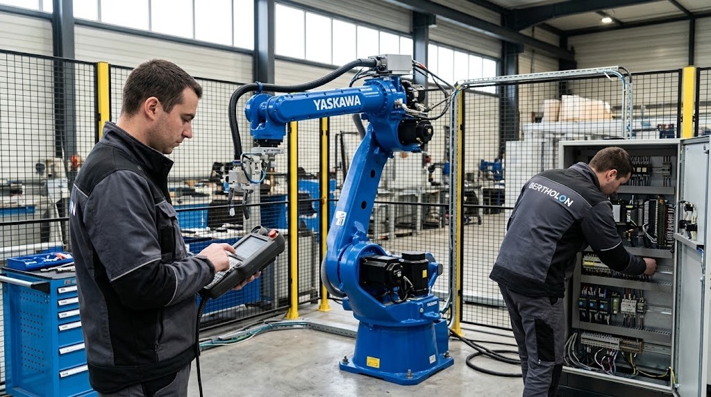 Techniciens intervenant sur un robot et une armoire électrique (image d’illustration)