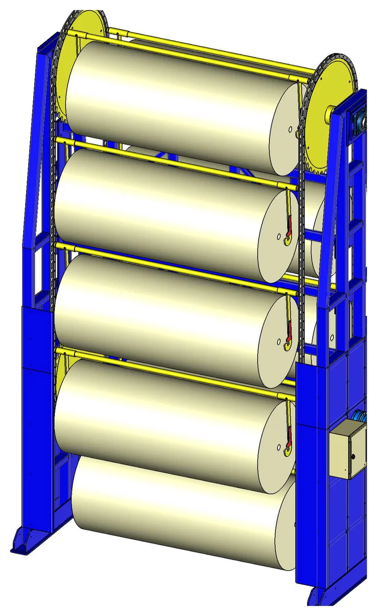 Vue 3D d’un magasin rotatif chargé de rouleaux de tissu